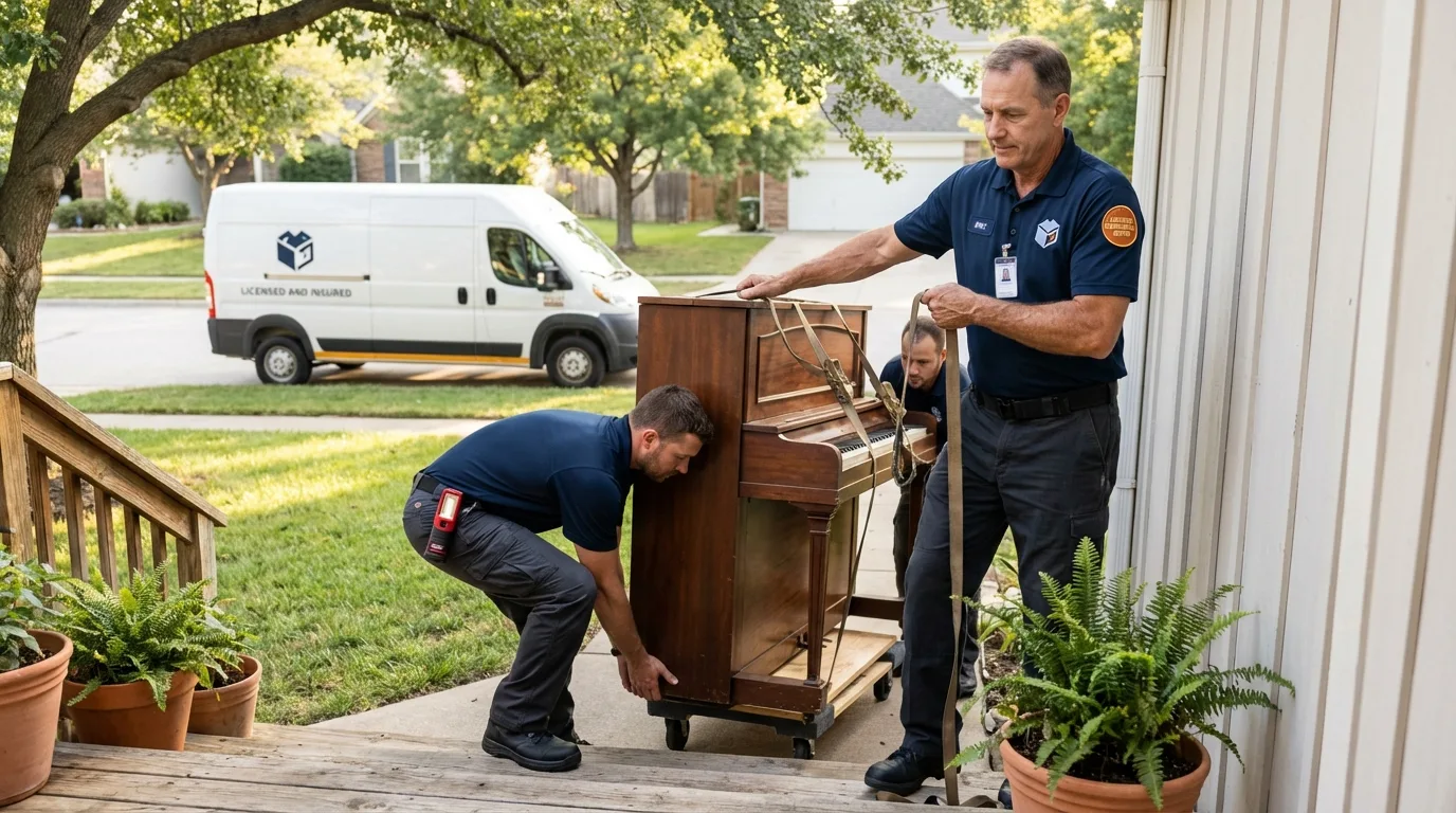 Licensed piano movers securing grand piano in Pelahatchie, MS