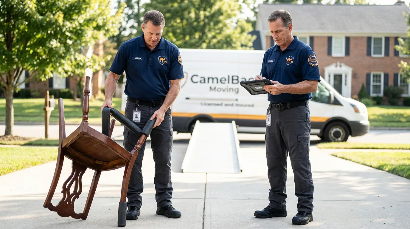 Movers inspecting furniture for damage prevention before loading in Pelahatchie, MS