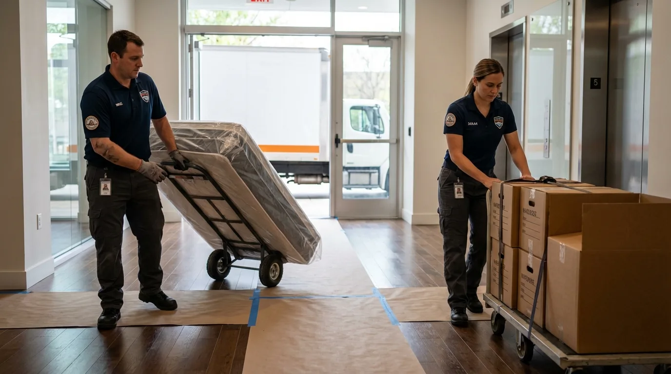 Professional apartment movers loading elevator in Pelahatchie, MS